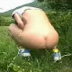 A very brief video clip of a woman having a noisy, gassy shit in the grass outdoors.